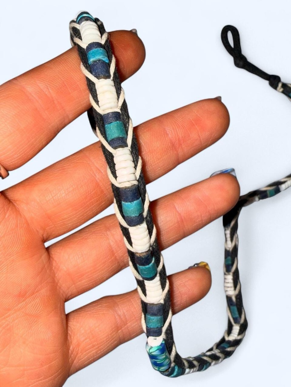 Handbraided Leather Bead Necklace in Teal, Navy & Cream